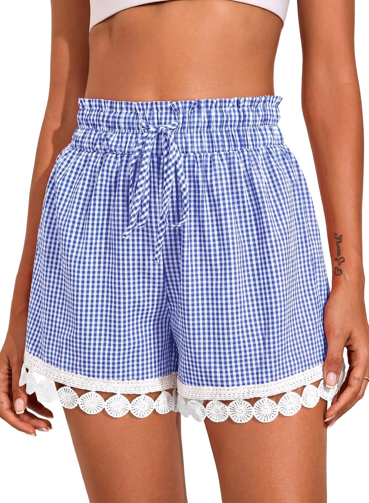 Dokotoo Womens Shorts Summer Casual Loose Elastic Waist Drawstring Lace Boho Beach Cover Up Shorts