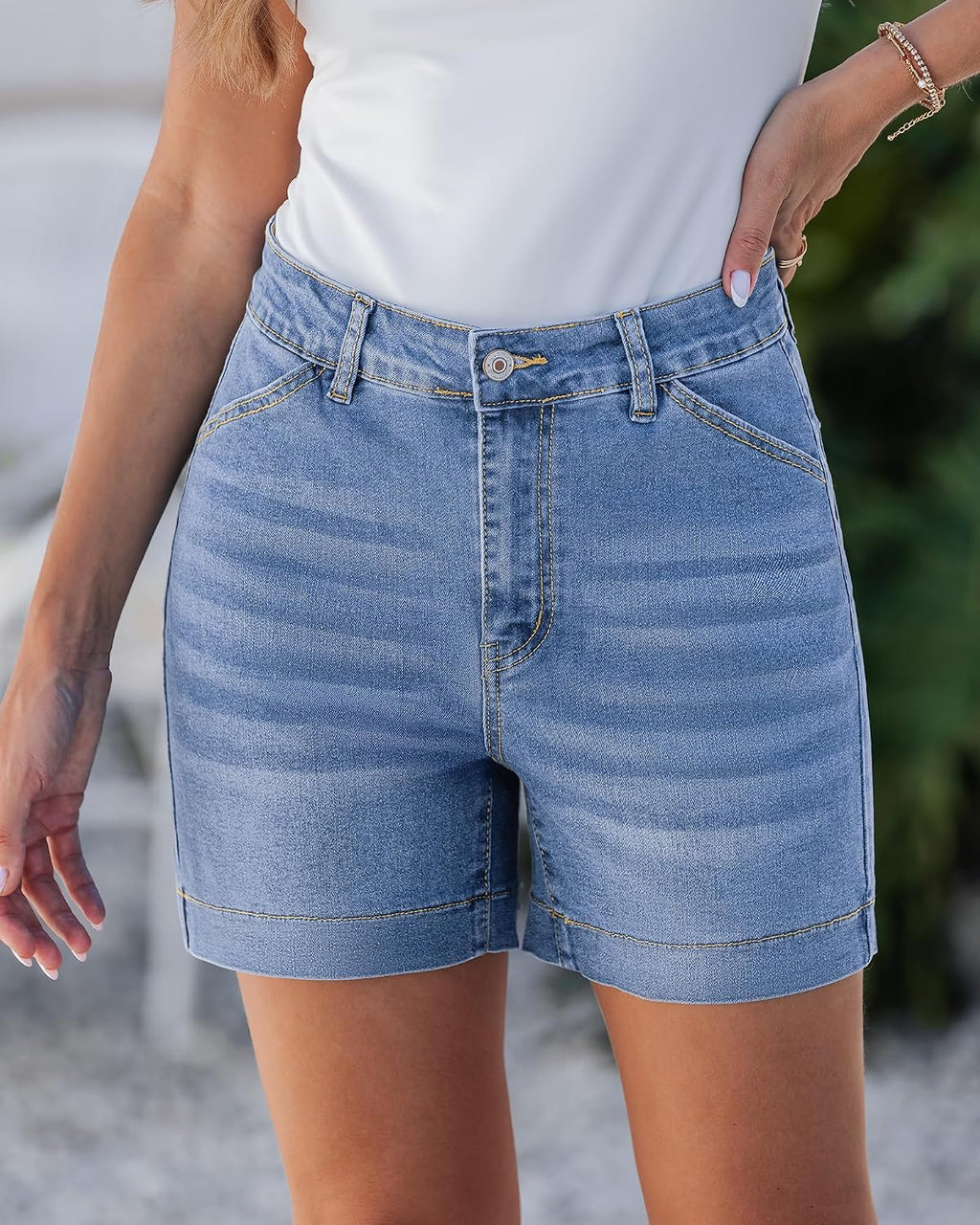 luvamia Jean Shorts for Women High Waisted Trendy Stretchy Denim Shorts 5 Inch Inseam Summer Casual Jorts with Pockets