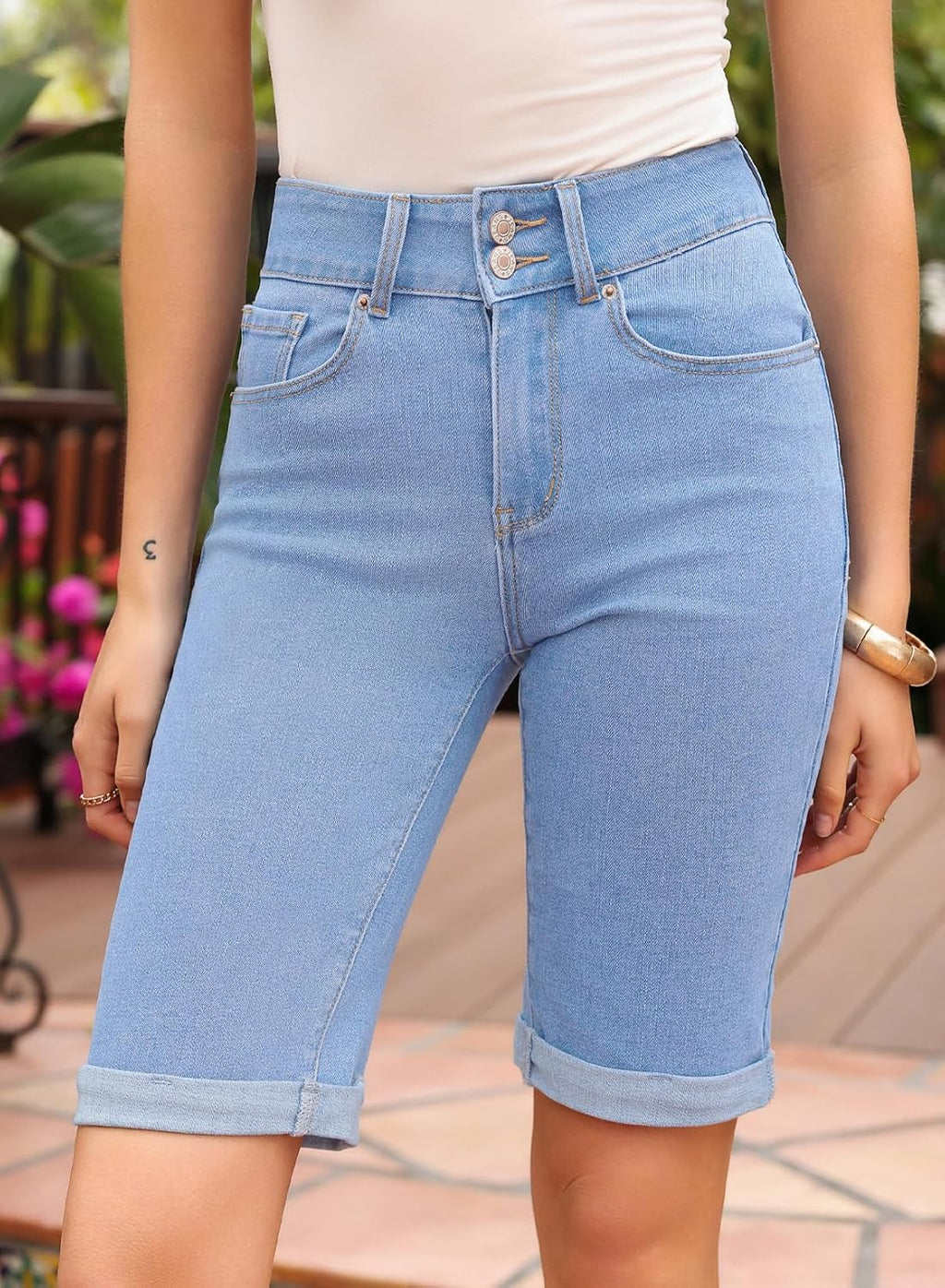 Sidefeel Women's Jean Shorts High Waisted Stretchy Bermuda Folded Hem Denim Summer Shorts