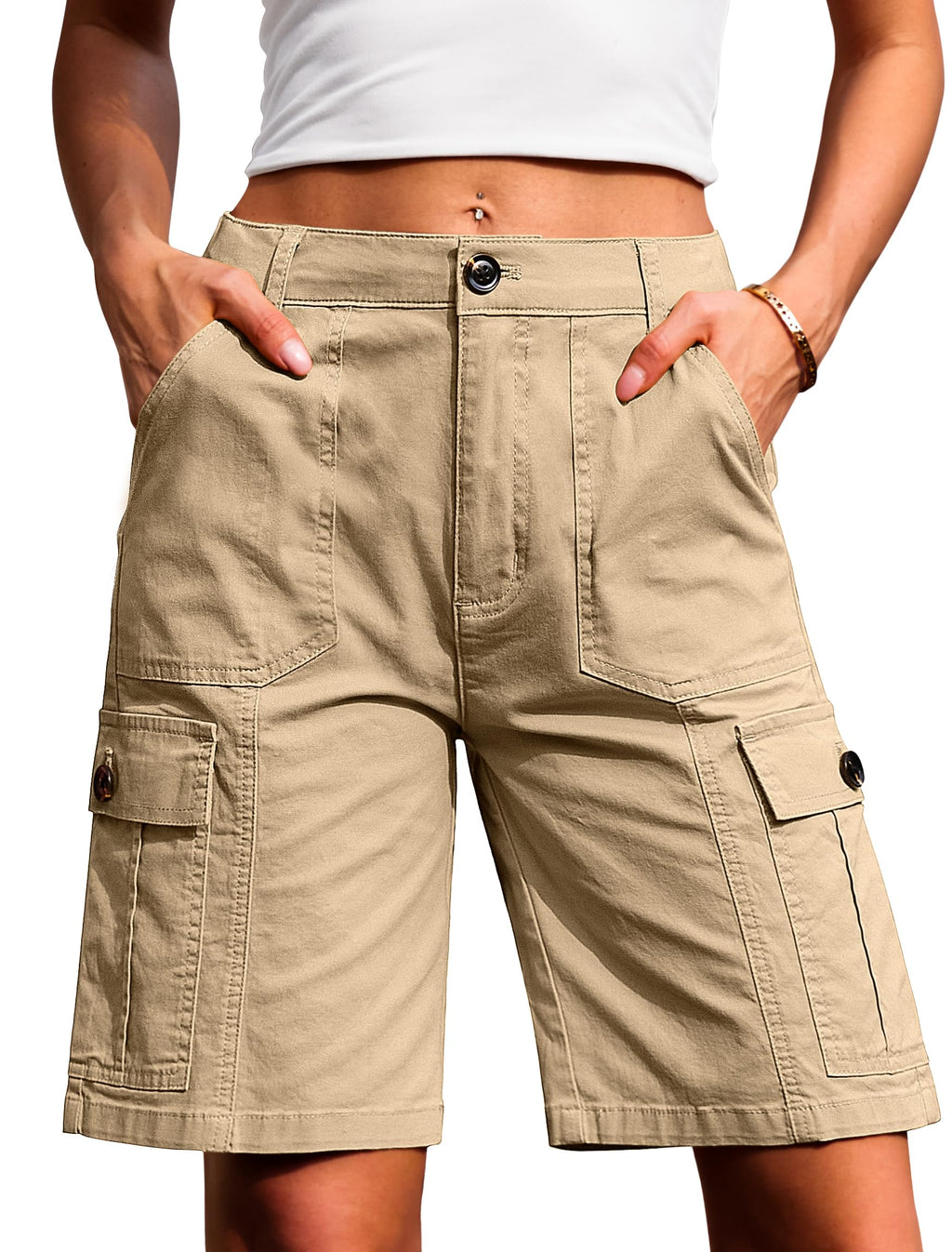 Eddoyee Bermuda Cargo Shorts for Women Casual Long Knee Length High Waisted Stretch Wide Leg Relaxed Fit