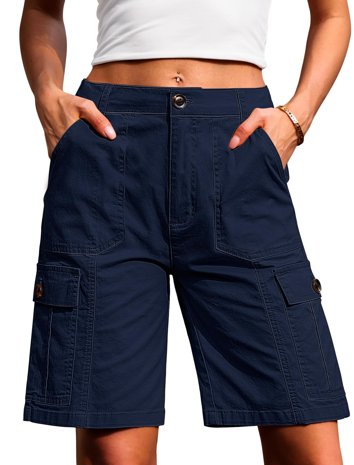 Eddoyee Bermuda Cargo Shorts for Women Casual Long Knee Length High Waisted Stretch Wide Leg Relaxed Fit