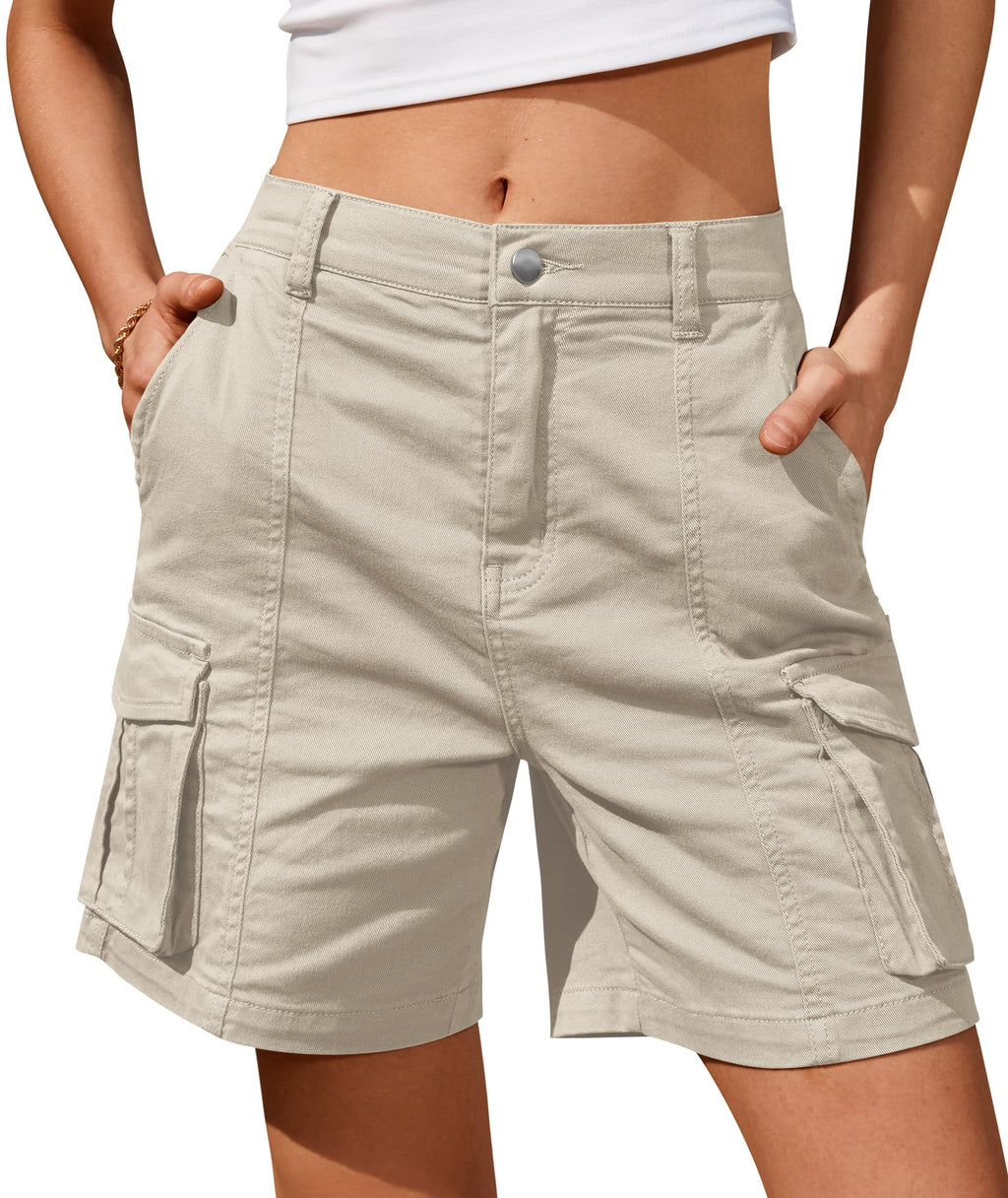IVIR Bermuda Shorts for Women Cargo Shorts Knee Length 6 Pockets Elastic Waist Long Shorts for Summer Casual