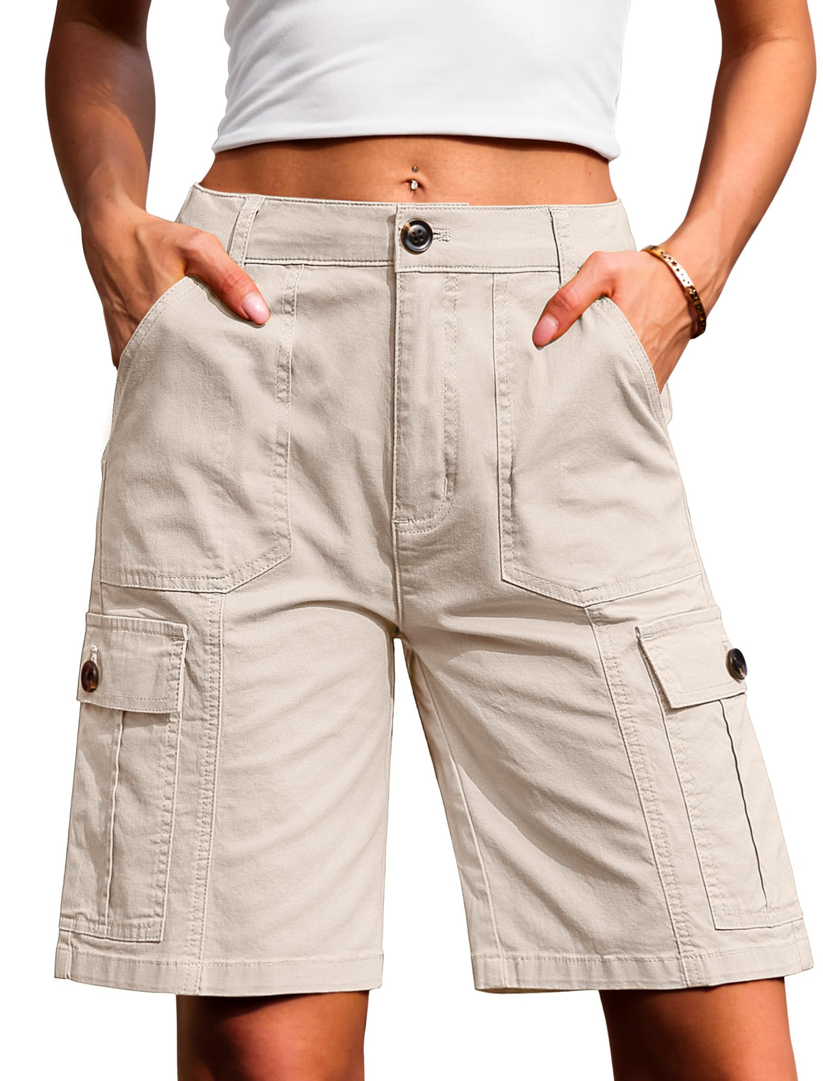 Eddoyee Bermuda Cargo Shorts for Women Casual Long Knee Length High Waisted Stretch Wide Leg Relaxed Fit