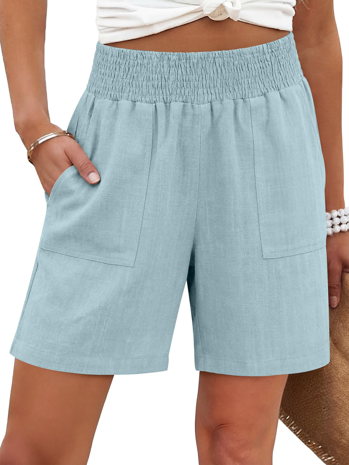 ANRABESS Linen Shorts for Women Casual Summer High Waisted Wide Leg Lounge Beach Vacation Shorts with Pockets