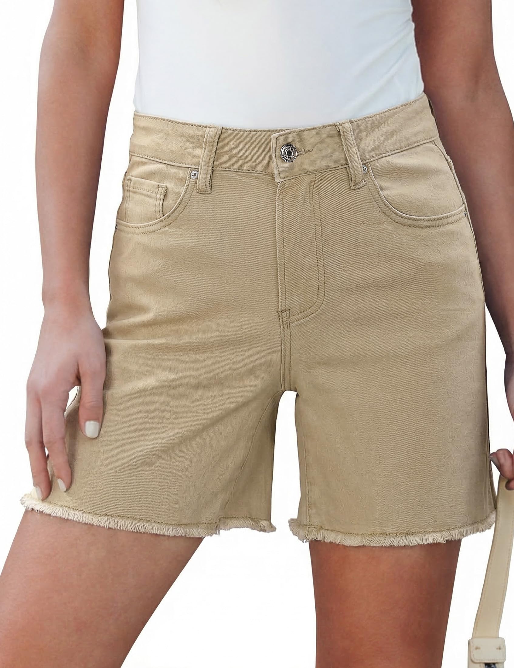 luvamia FleXclusive Jean Shorts for Women Trendy High Waisted Stretchy Denim Summer Raw Hem Mom Long Shorts Cutoff Jorts