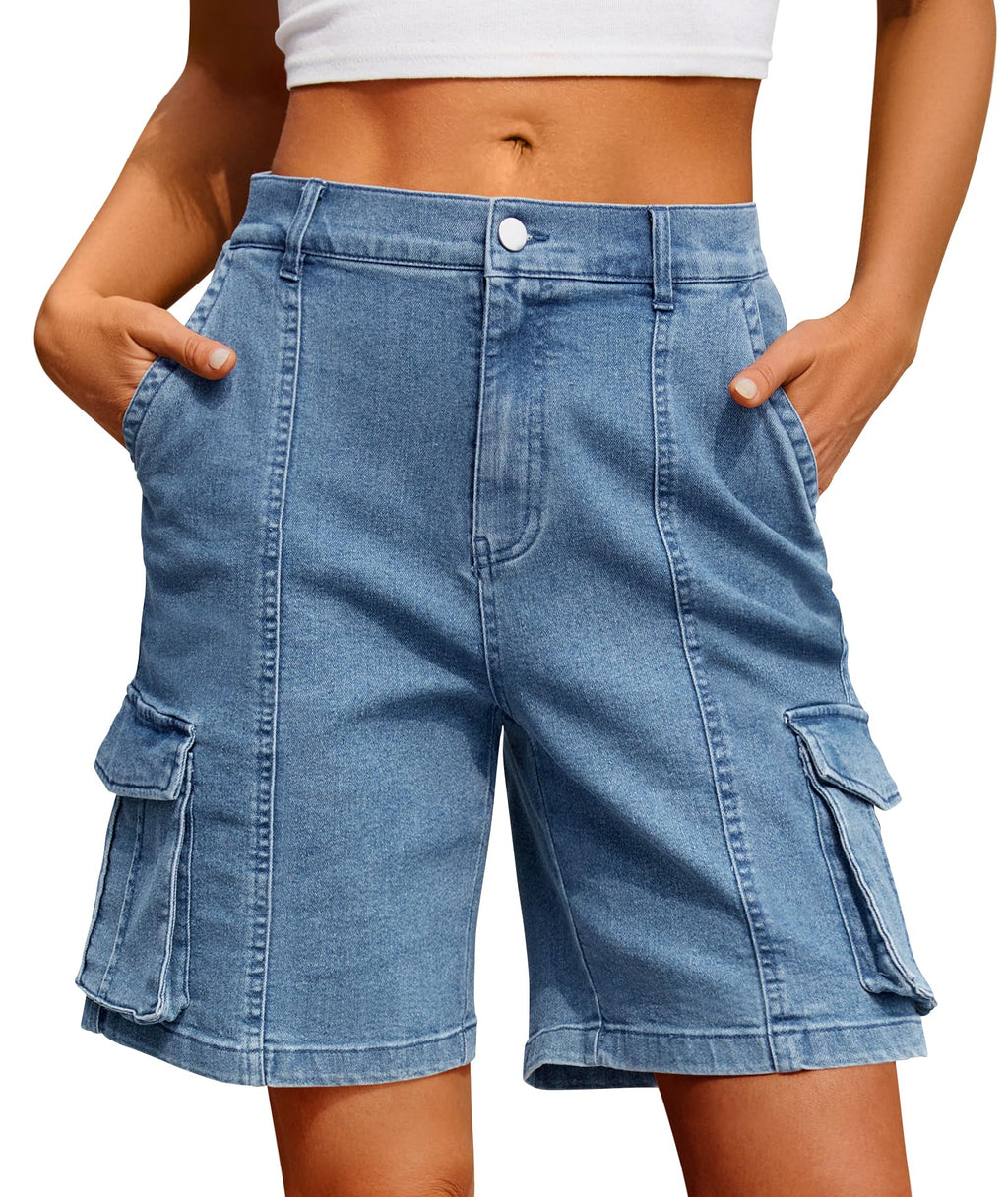 IVIR Bermuda Shorts for Women Cargo Shorts Knee Length 6 Pockets Elastic Waist Long Shorts for Summer Casual