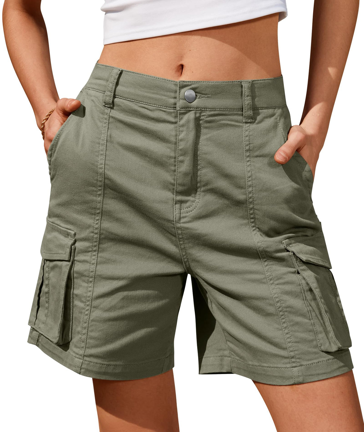 IVIR Bermuda Shorts for Women Cargo Shorts Knee Length 6 Pockets Elastic Waist Long Shorts for Summer Casual