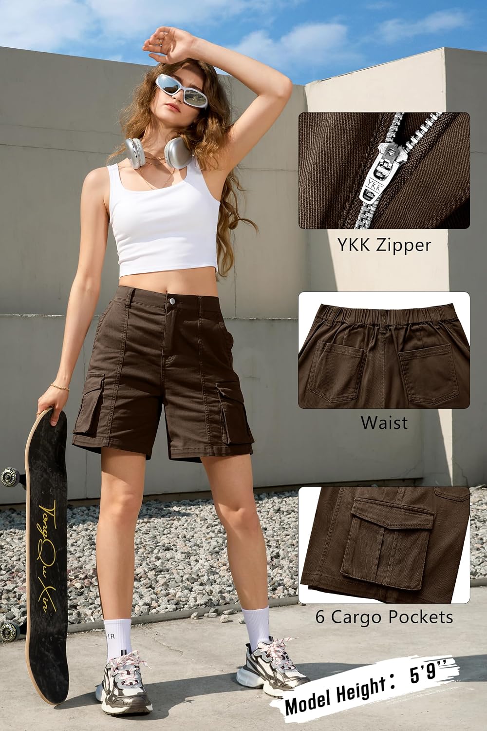 IVIR Bermuda Shorts for Women Cargo Shorts Knee Length 6 Pockets Elastic Waist Long Shorts for Summer Casual