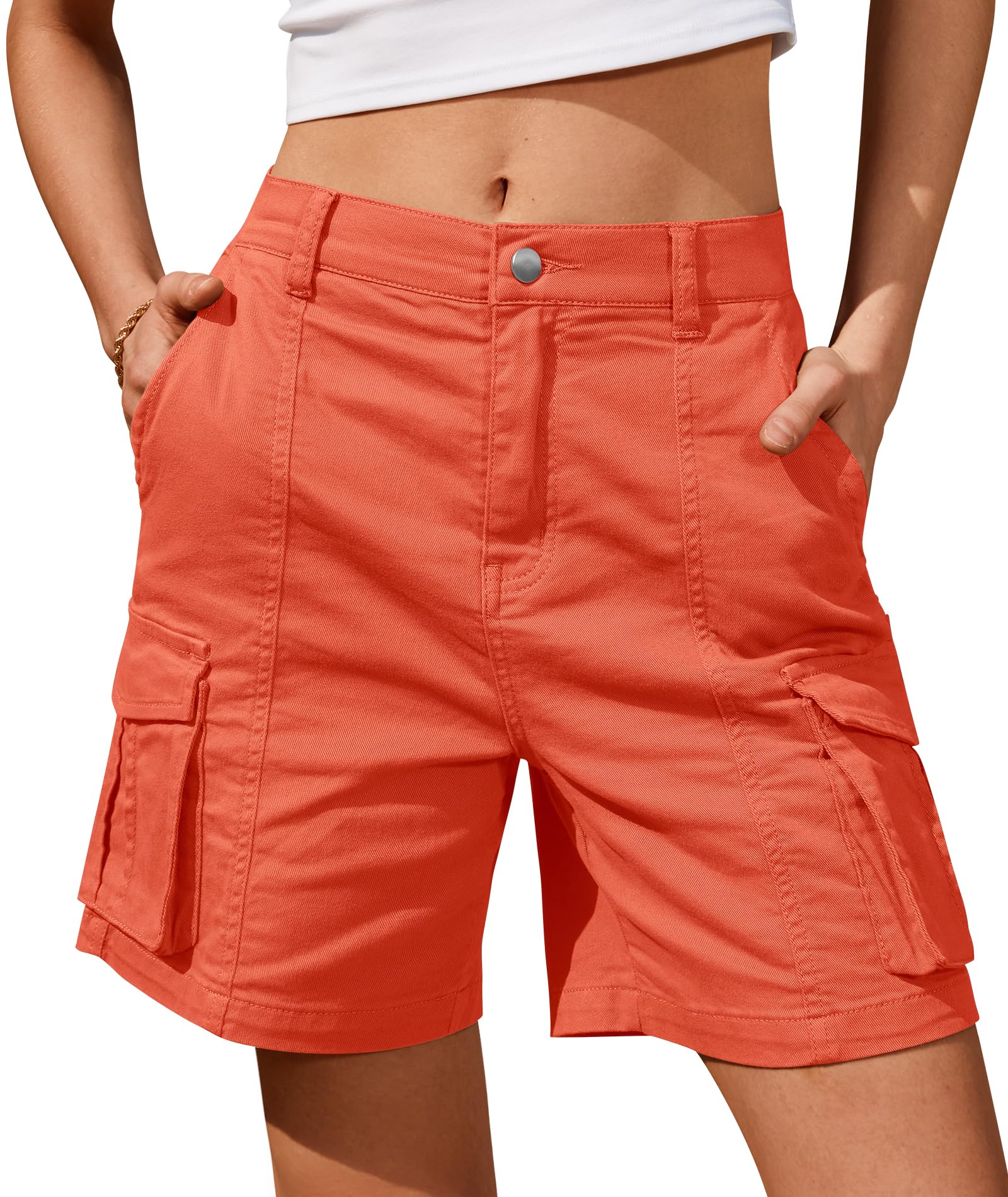 IVIR Bermuda Shorts for Women Cargo Shorts Knee Length 6 Pockets Elastic Waist Long Shorts for Summer Casual