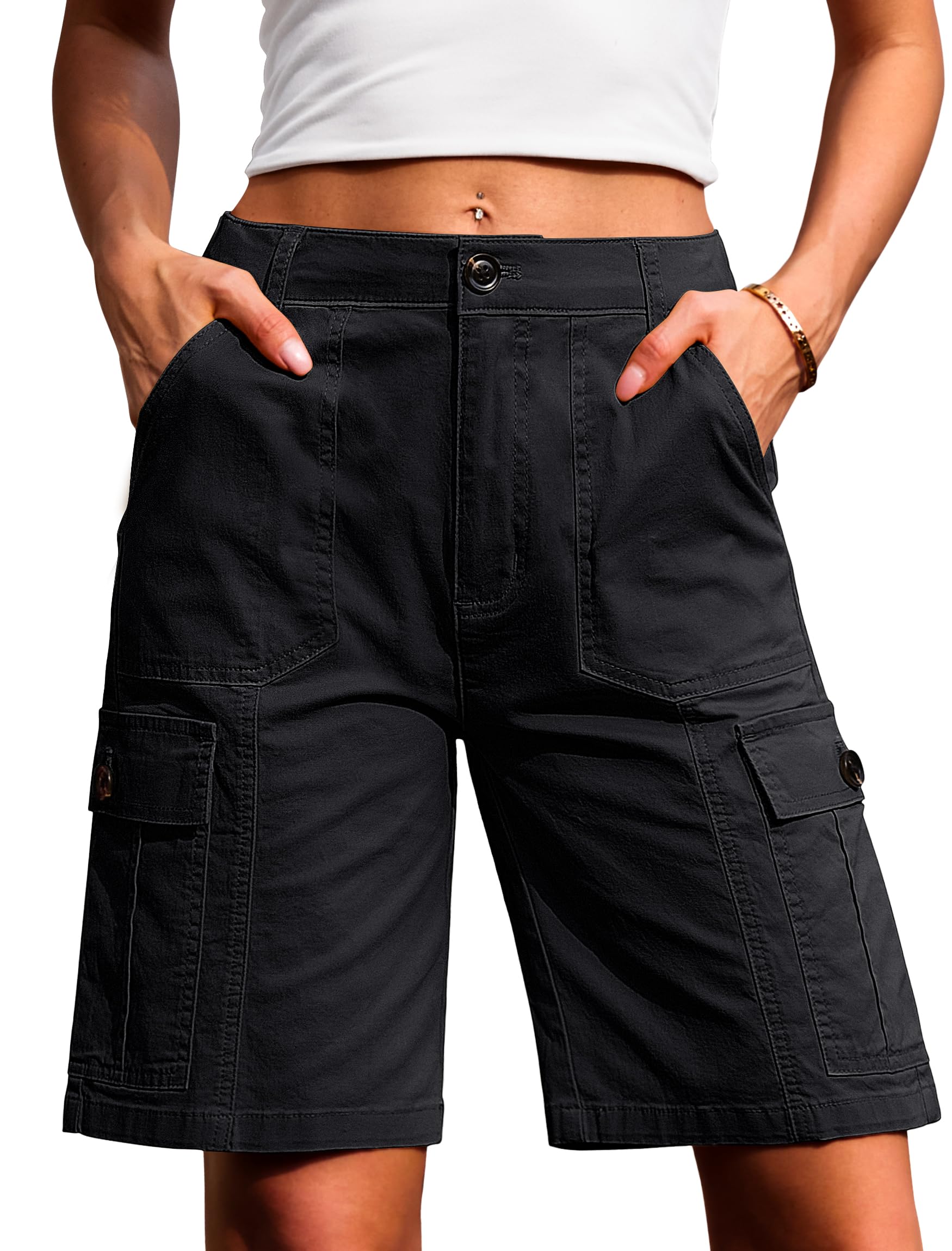 Eddoyee Bermuda Cargo Shorts for Women Casual Long Knee Length High Waisted Stretch Wide Leg Relaxed Fit