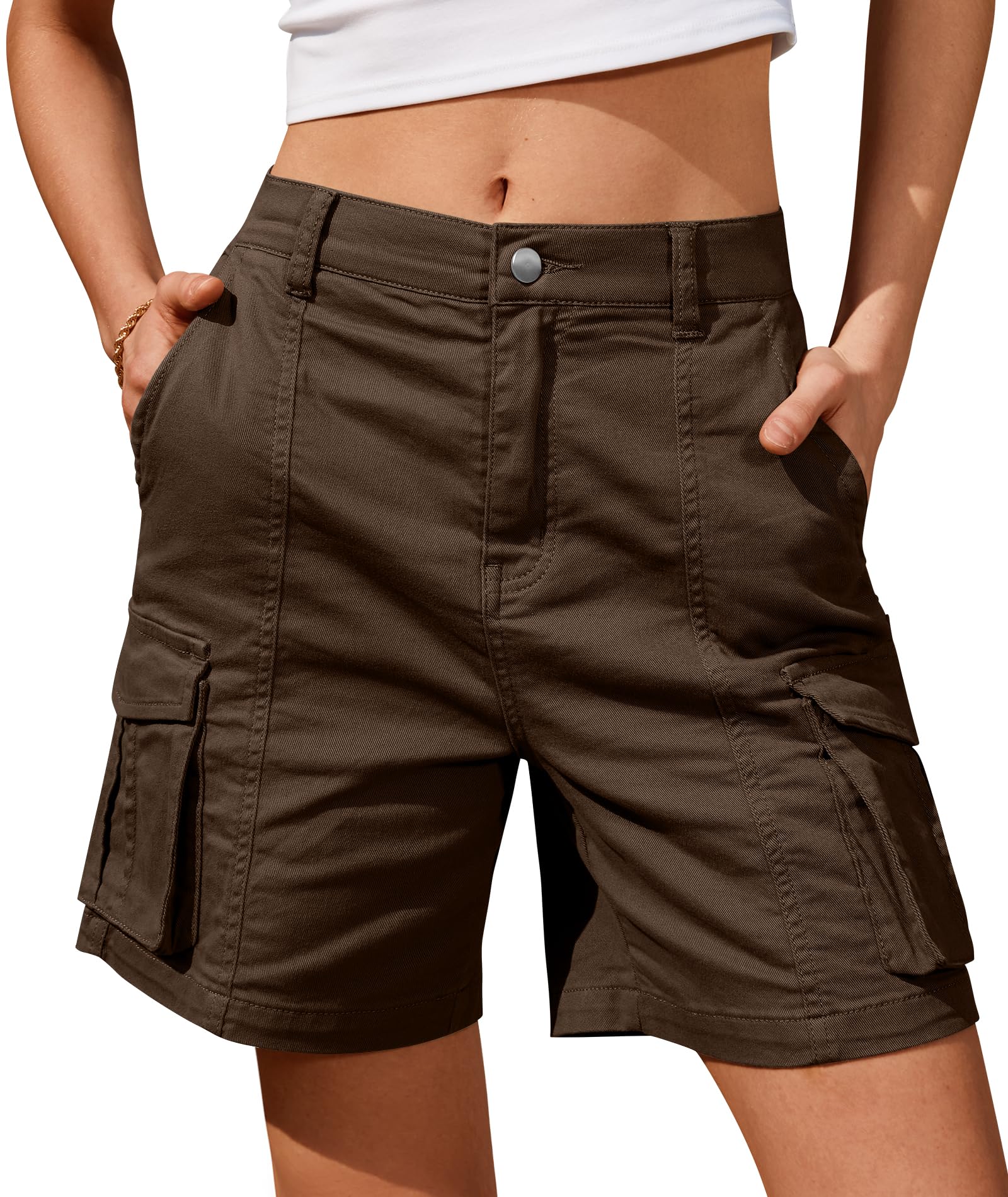 IVIR Bermuda Shorts for Women Cargo Shorts Knee Length 6 Pockets Elastic Waist Long Shorts for Summer Casual