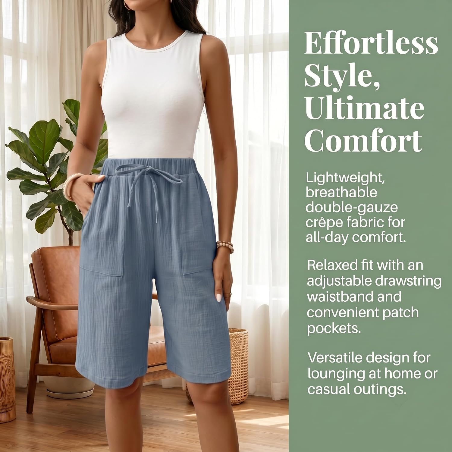 Cotton Linen Shorts for Women Knee Length Drawstring Bermuda Shorts with Pockets Summer Casual Baggy Wide Leg Outfits