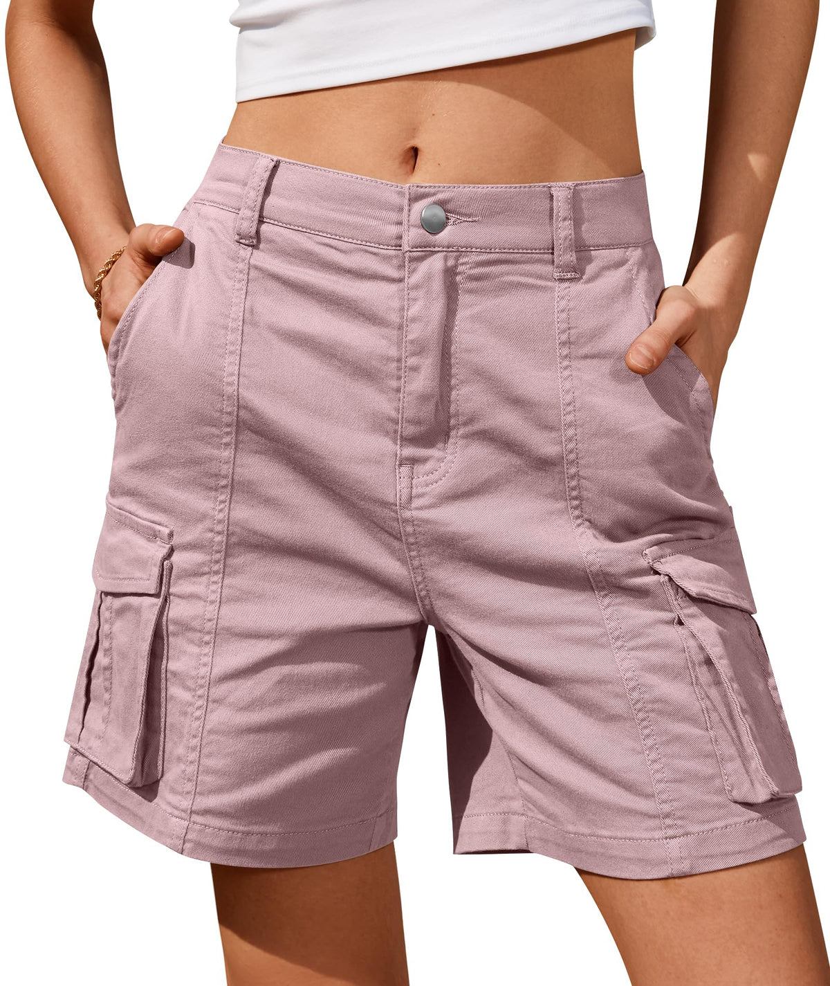 IVIR Bermuda Shorts for Women Cargo Shorts Knee Length 6 Pockets Elastic Waist Long Shorts for Summer Casual