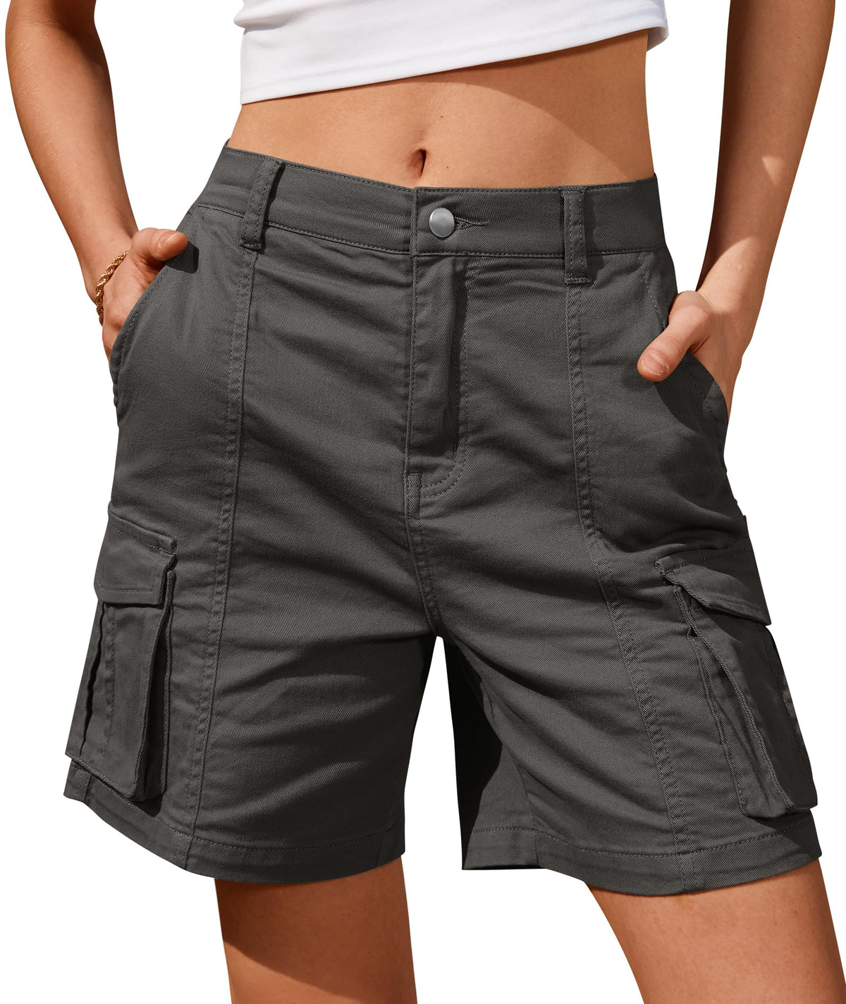 IVIR Bermuda Shorts for Women Cargo Shorts Knee Length 6 Pockets Elastic Waist Long Shorts for Summer Casual