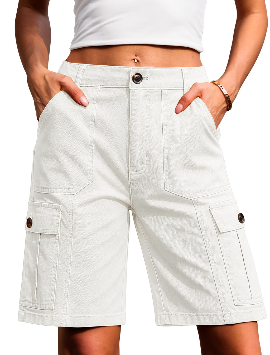 Eddoyee Bermuda Cargo Shorts for Women Casual Long Knee Length High Waisted Stretch Wide Leg Relaxed Fit