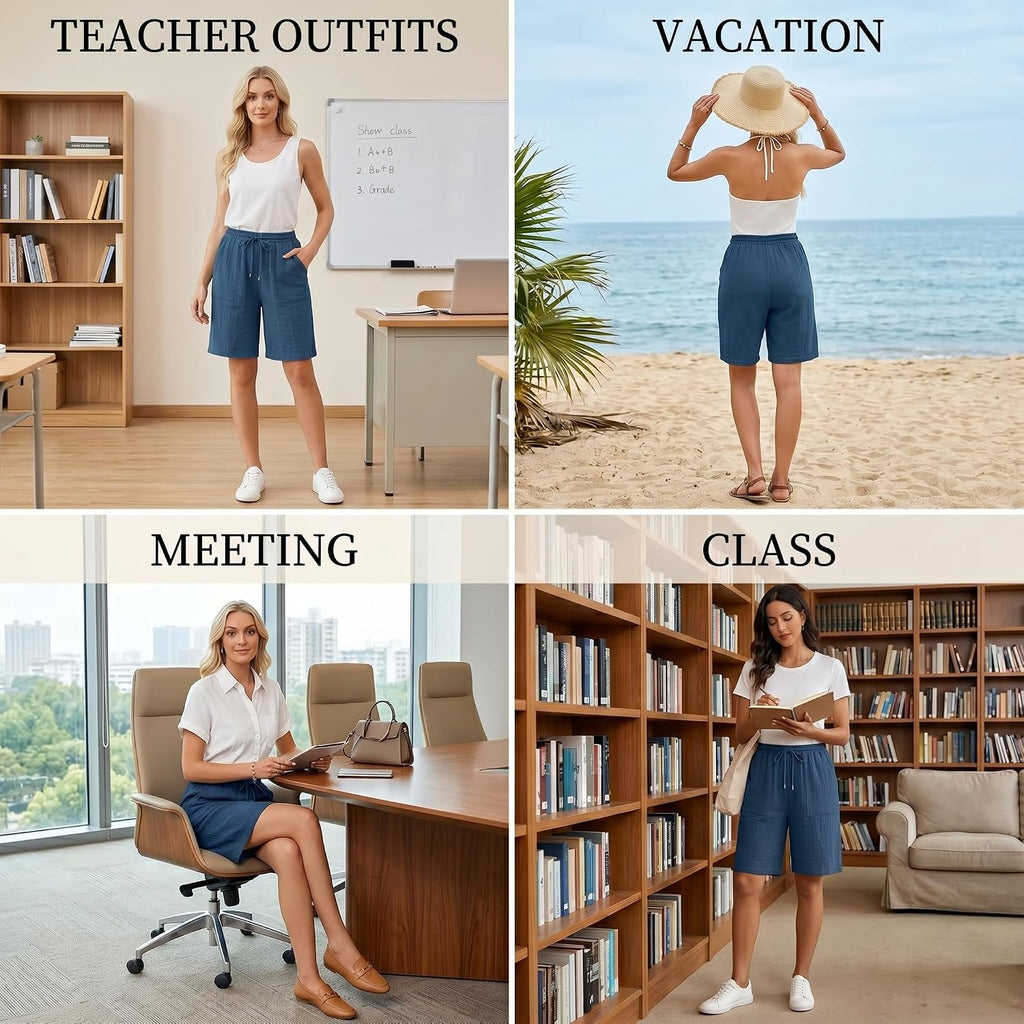 Cotton Linen Shorts for Women Knee Length Drawstring Bermuda Shorts with Pockets Summer Casual Baggy Wide Leg Outfits