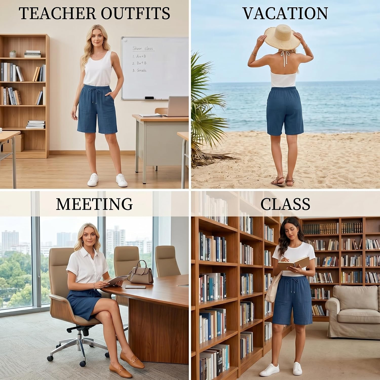 Cotton Linen Shorts for Women Knee Length Drawstring Bermuda Shorts with Pockets Summer Casual Baggy Wide Leg Outfits