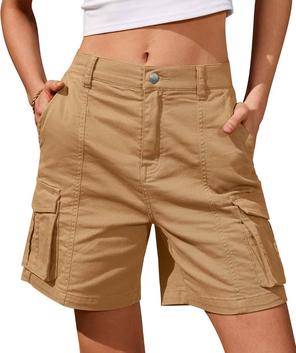 IVIR Bermuda Shorts for Women Cargo Shorts Knee Length 6 Pockets Elastic Waist Long Shorts for Summer Casual