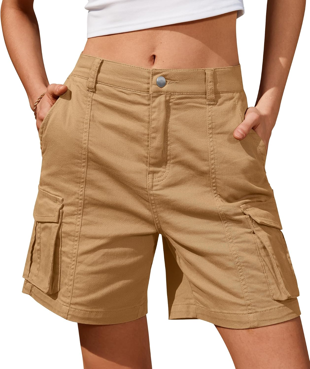 IVIR Bermuda Shorts for Women Cargo Shorts Knee Length 6 Pockets Elastic Waist Long Shorts for Summer Casual