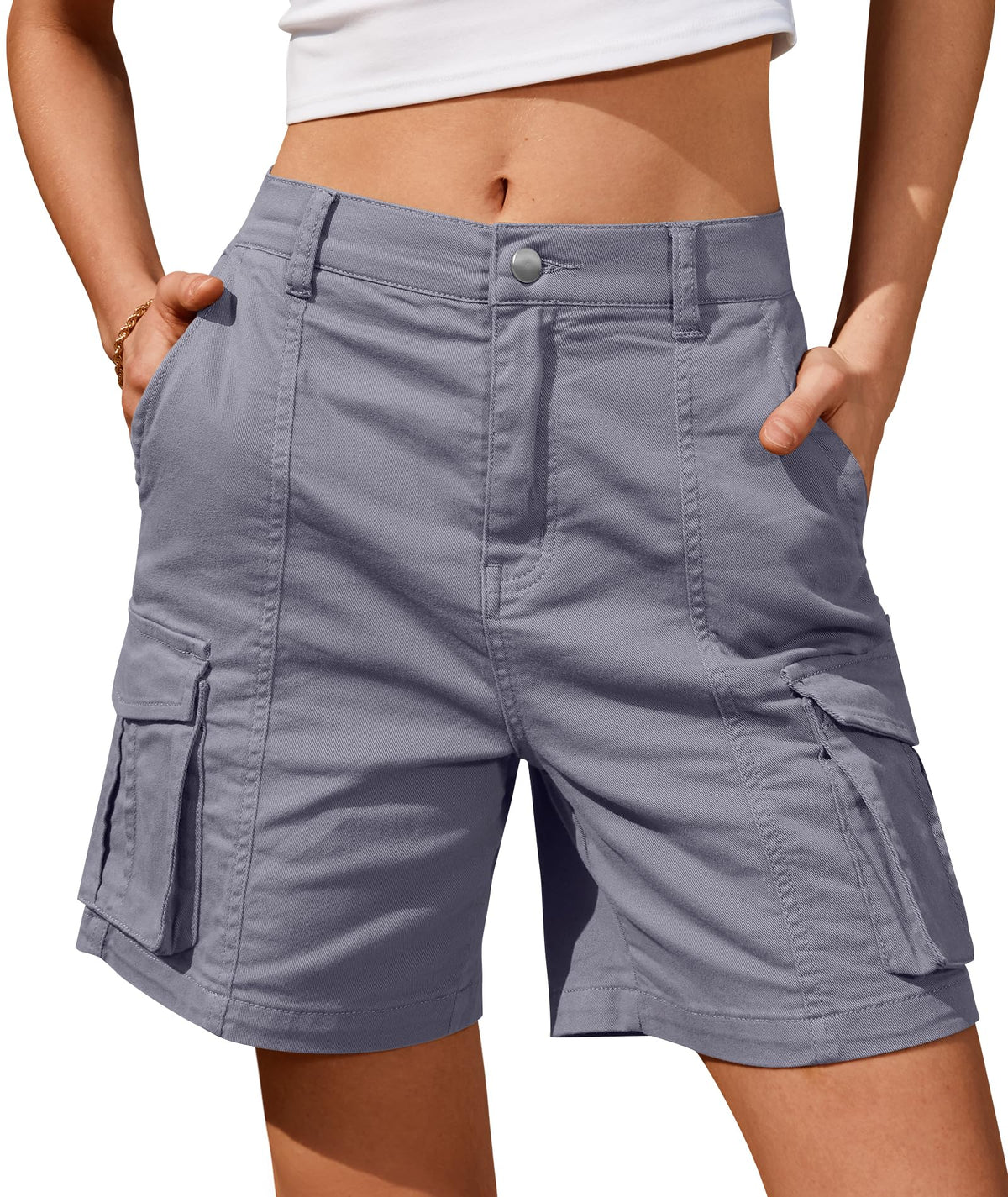 IVIR Bermuda Shorts for Women Cargo Shorts Knee Length 6 Pockets Elastic Waist Long Shorts for Summer Casual