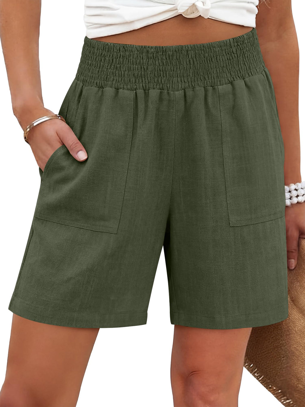 ANRABESS Linen Shorts for Women Casual Summer High Waisted Wide Leg Lounge Beach Vacation Shorts with Pockets