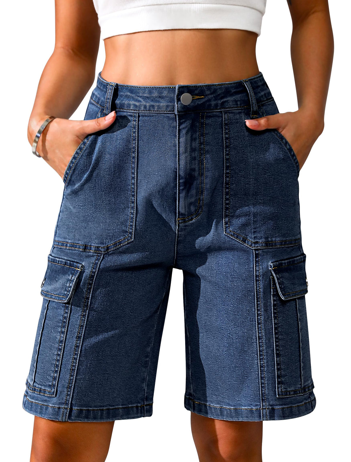 Eddoyee Bermuda Cargo Shorts for Women Casual Long Knee Length High Waisted Stretch Wide Leg Relaxed Fit
