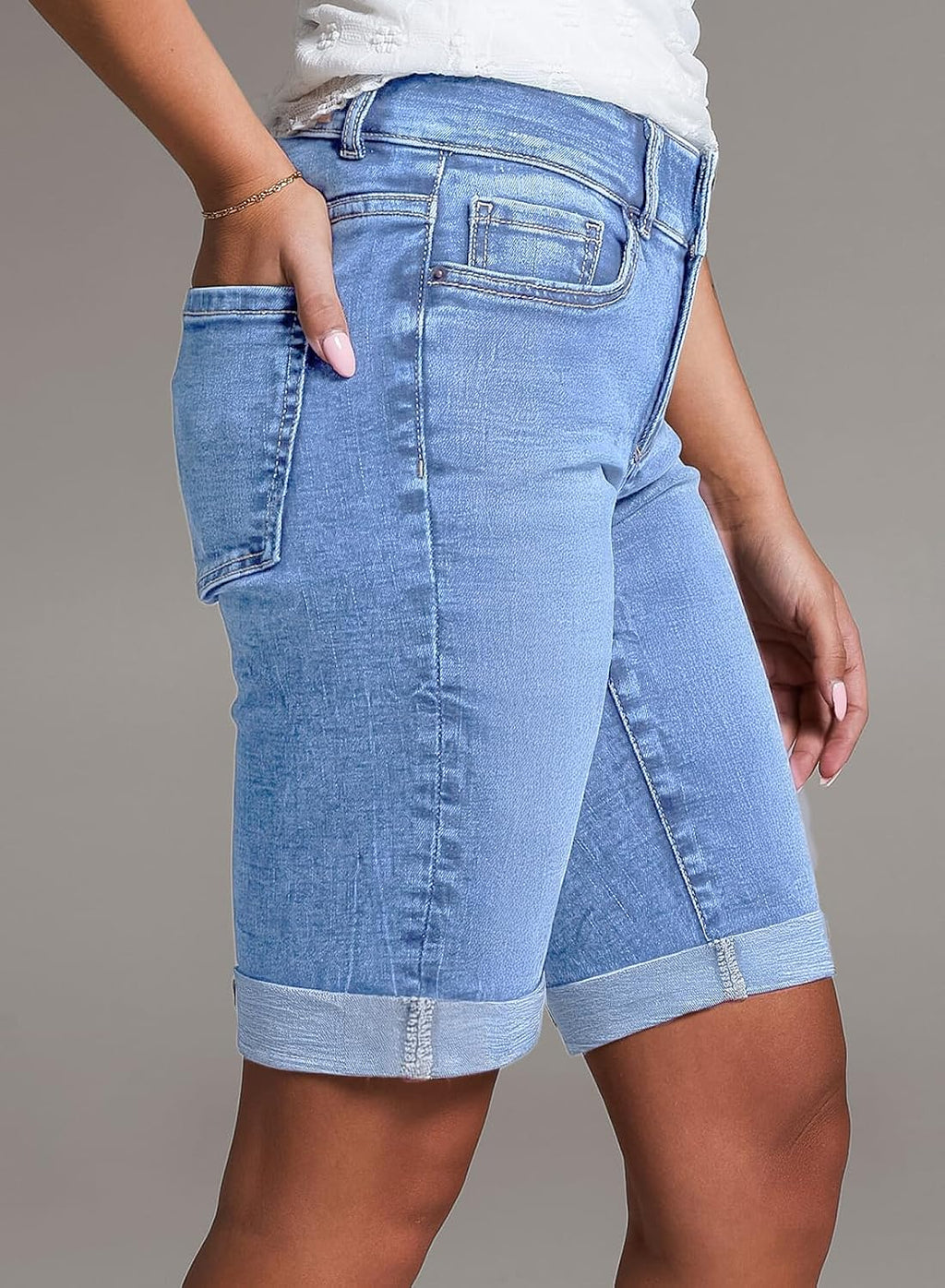 Sidefeel Women's Jean Shorts High Waisted Stretchy Bermuda Folded Hem Denim Summer Shorts