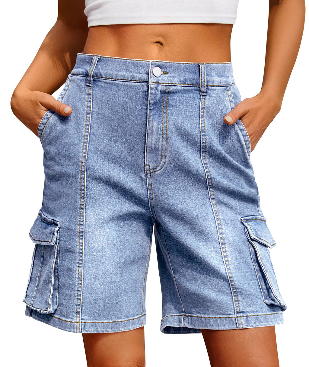 IVIR Bermuda Shorts for Women Cargo Shorts Knee Length 6 Pockets Elastic Waist Long Shorts for Summer Casual