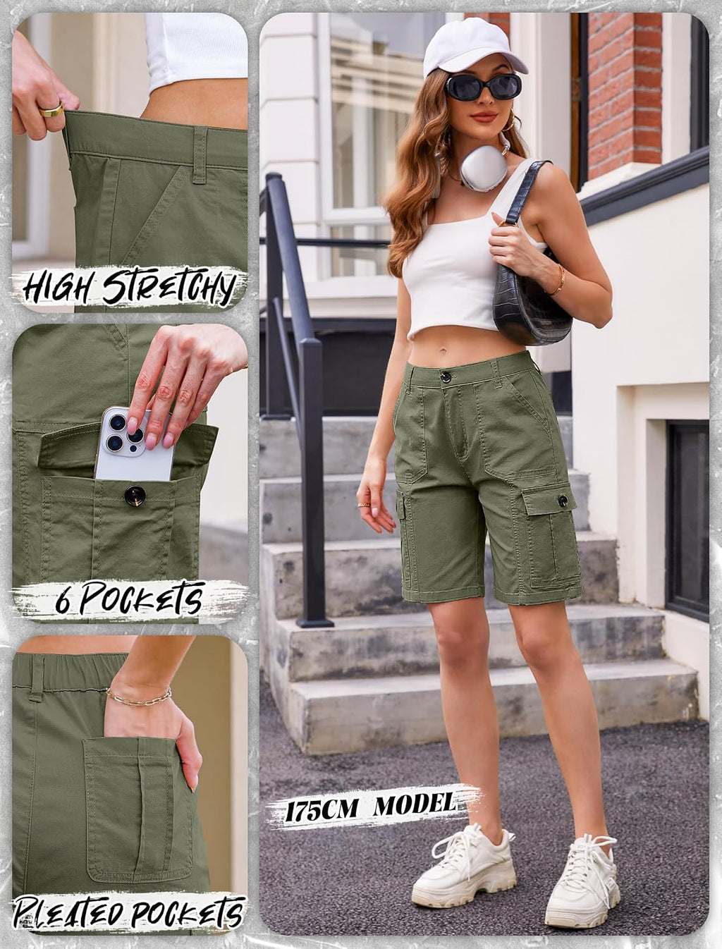 Eddoyee Bermuda Cargo Shorts for Women Casual Long Knee Length High Waisted Stretch Wide Leg Relaxed Fit