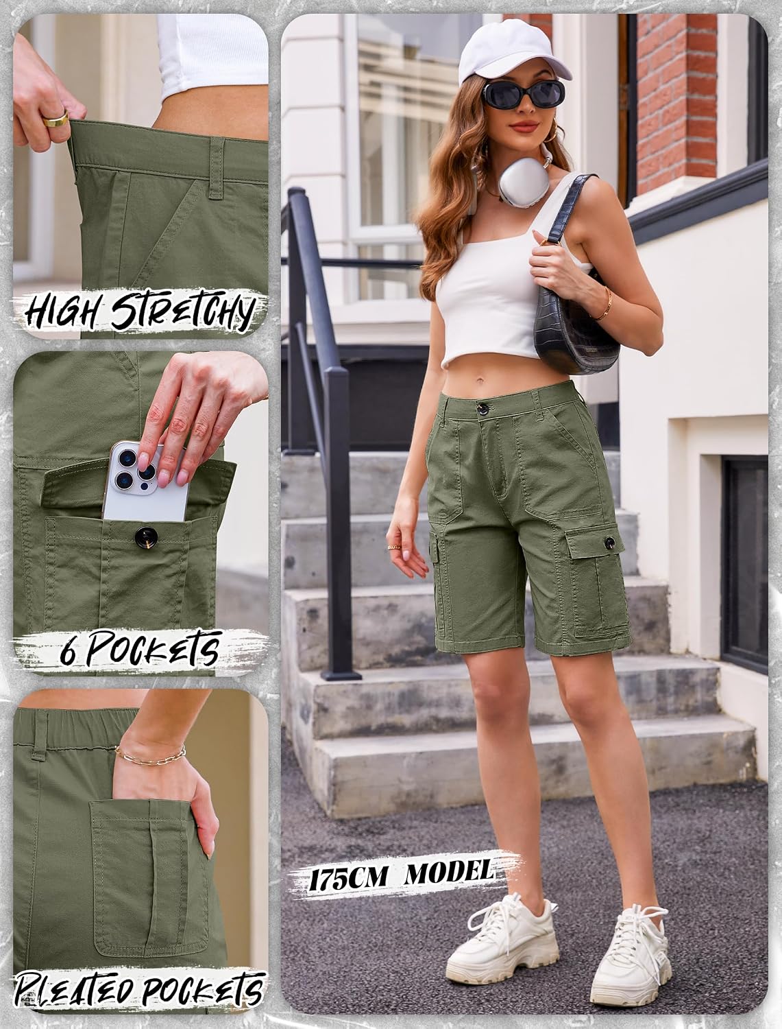 Eddoyee Bermuda Cargo Shorts for Women Casual Long Knee Length High Waisted Stretch Wide Leg Relaxed Fit