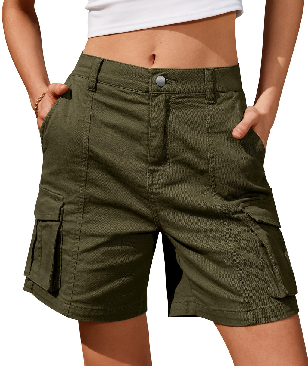 IVIR Bermuda Shorts for Women Cargo Shorts Knee Length 6 Pockets Elastic Waist Long Shorts for Summer Casual