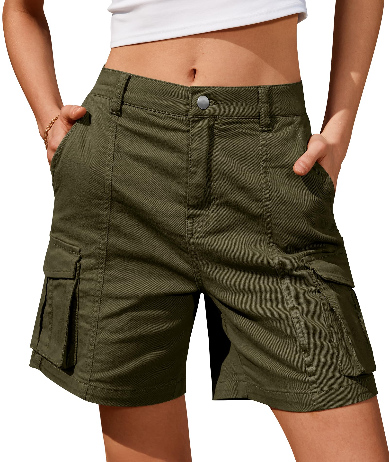 IVIR Bermuda Shorts for Women Cargo Shorts Knee Length 6 Pockets Elastic Waist Long Shorts for Summer Casual