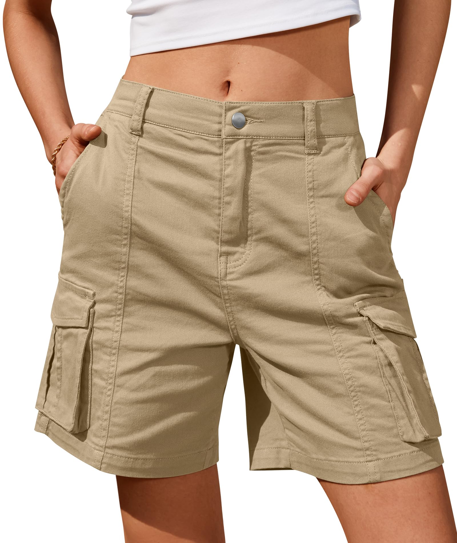 IVIR Bermuda Shorts for Women Cargo Shorts Knee Length 6 Pockets Elastic Waist Long Shorts for Summer Casual