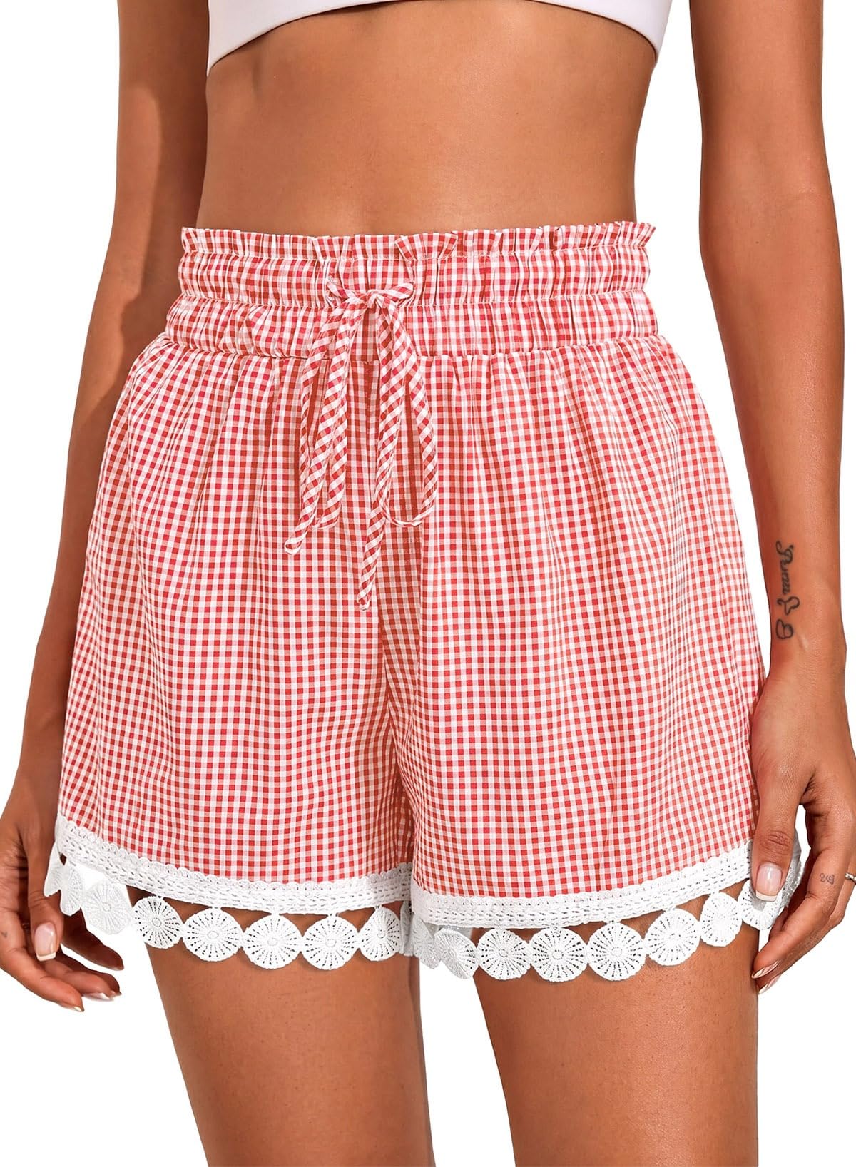 Dokotoo Womens Shorts Summer Casual Loose Elastic Waist Drawstring Lace Boho Beach Cover Up Shorts