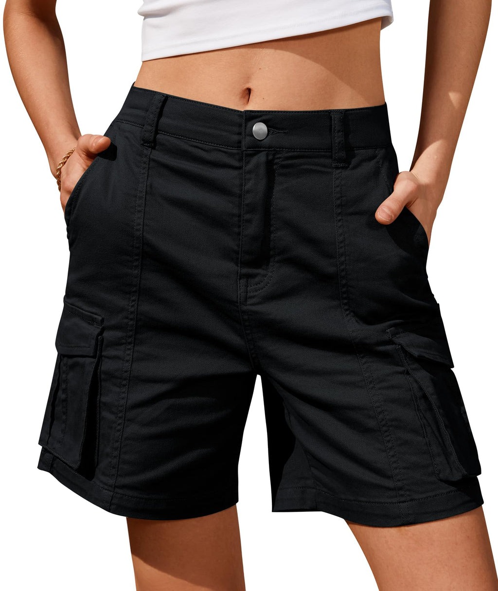 IVIR Bermuda Shorts for Women Cargo Shorts Knee Length 6 Pockets Elastic Waist Long Shorts for Summer Casual