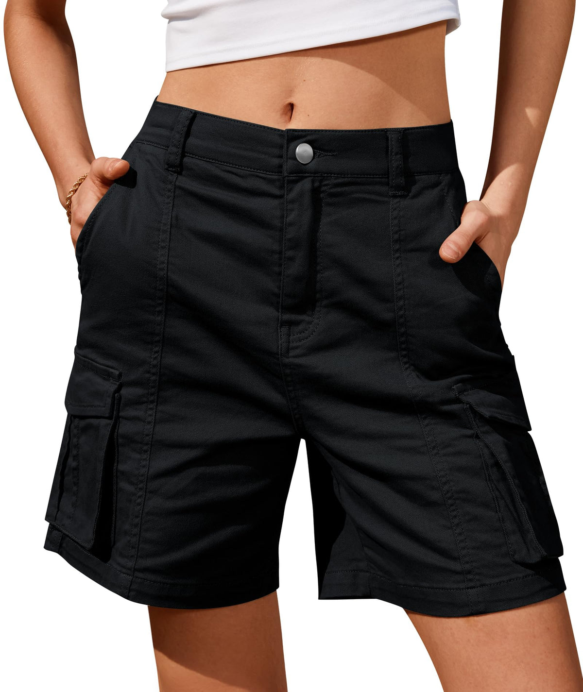 IVIR Bermuda Shorts for Women Cargo Shorts Knee Length 6 Pockets Elastic Waist Long Shorts for Summer Casual