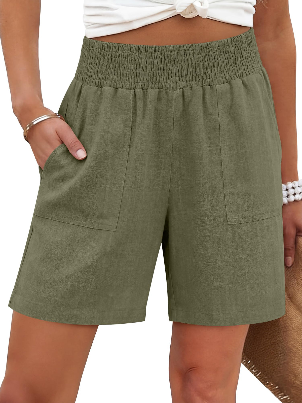 ANRABESS Linen Shorts for Women Casual Summer High Waisted Wide Leg Lounge Beach Vacation Shorts with Pockets