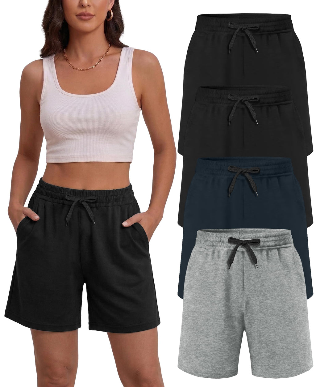 Dalavch 4 Pack Women's Summer Sweat Shorts Cotton Comfy Drawstring Shorts for Casual Lounge Sport Athletic with Pockets