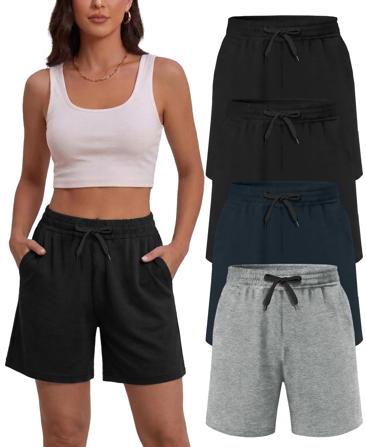 Dalavch 4 Pack Women's Summer Sweat Shorts Cotton Comfy Drawstring Shorts for Casual Lounge Sport Athletic with Pockets