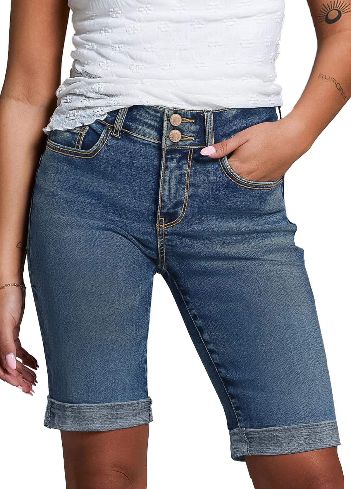 Sidefeel Women's Jean Shorts High Waisted Stretchy Bermuda Folded Hem Denim Summer Shorts