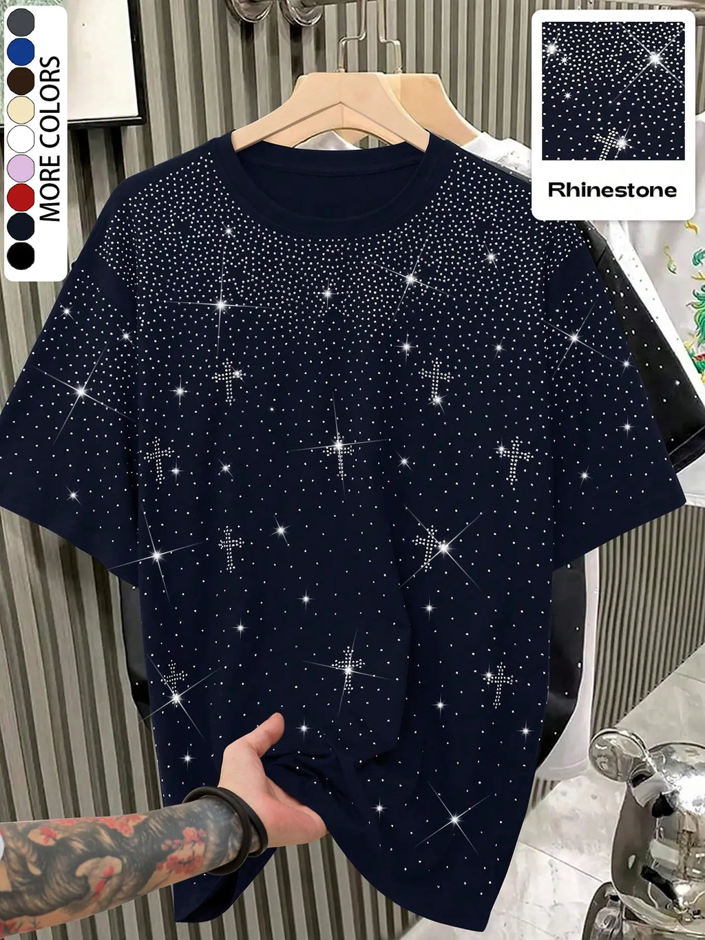 Unisex Rhinestone Cross Pattern T-Shirt, Street Style Glam Top, Sparkling Fashion Design, Perfect for Daily Wear & Night Out