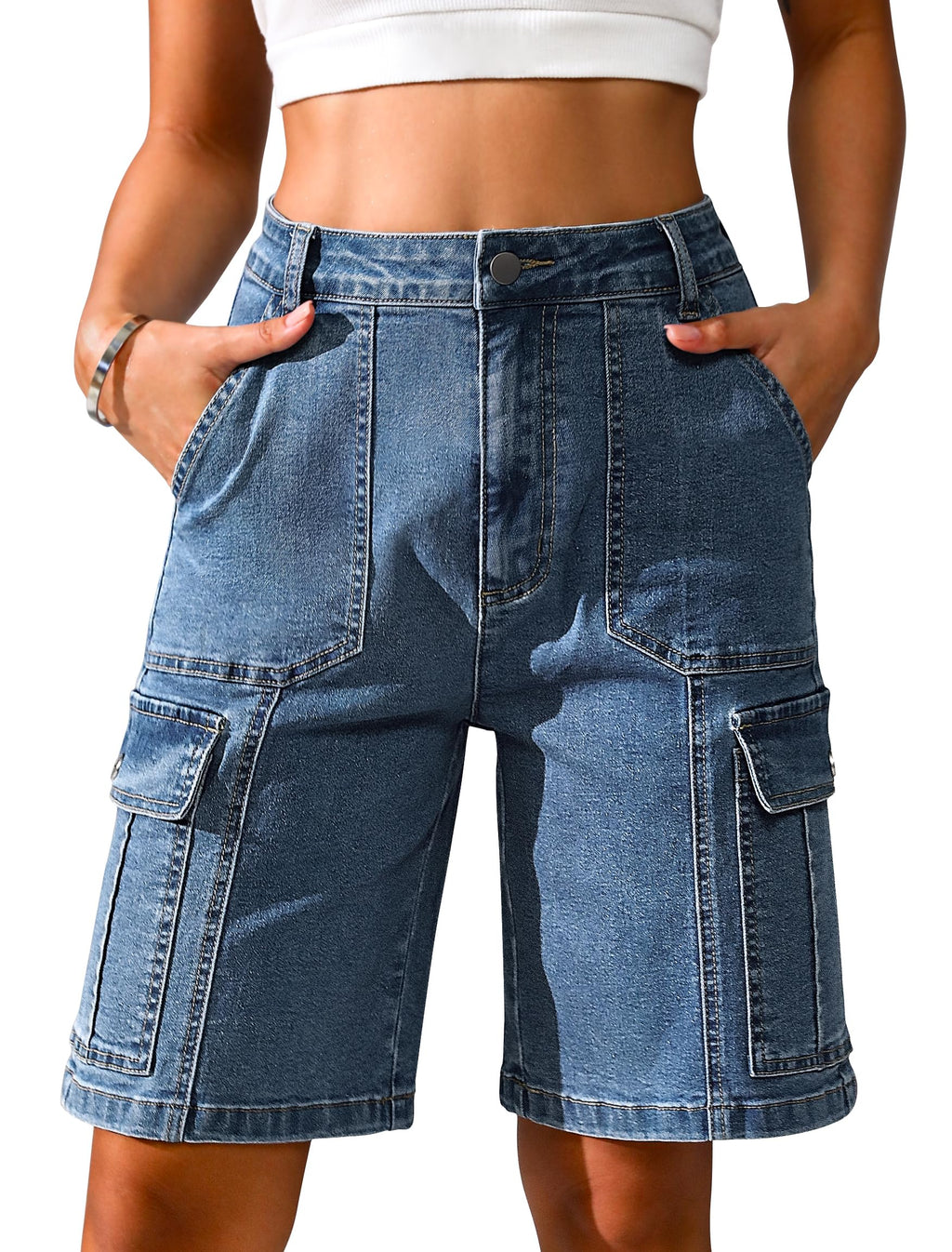 Eddoyee Bermuda Cargo Shorts for Women Casual Long Knee Length High Waisted Stretch Wide Leg Relaxed Fit