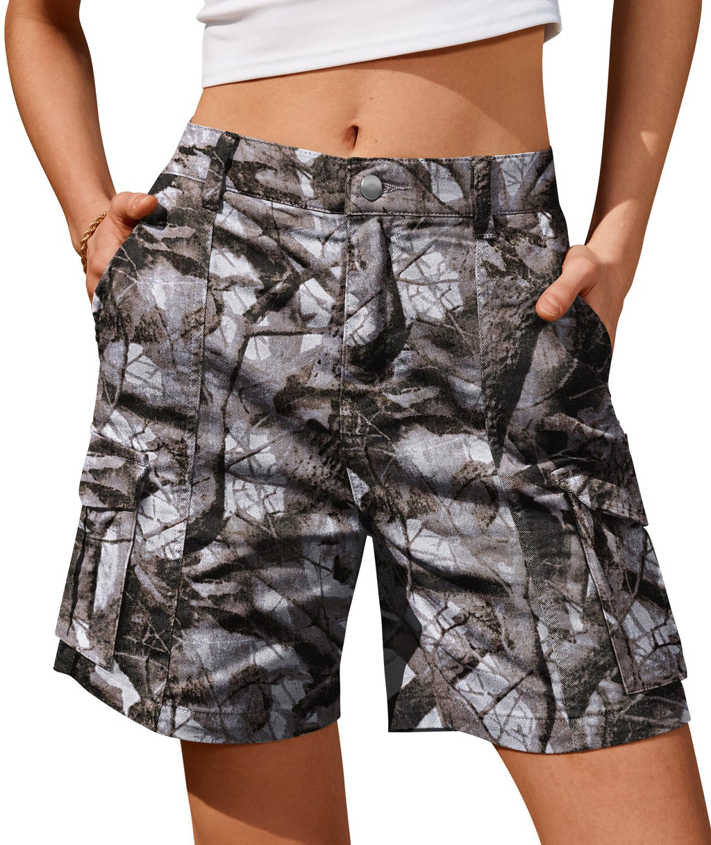 IVIR Bermuda Shorts for Women Cargo Shorts Knee Length 6 Pockets Elastic Waist Long Shorts for Summer Casual