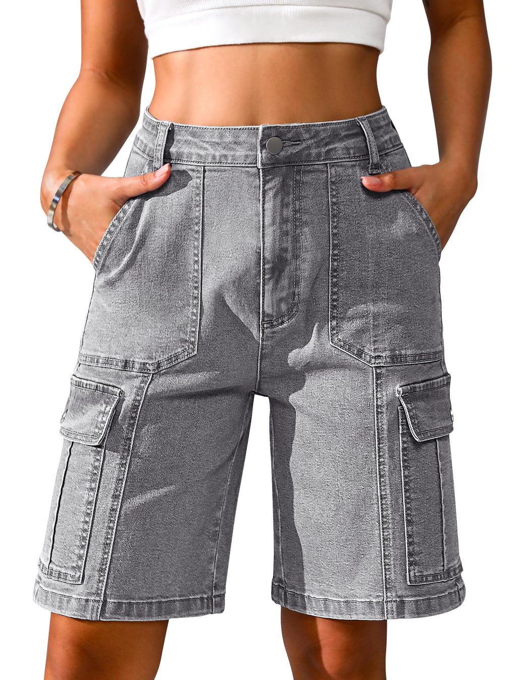 Eddoyee Bermuda Cargo Shorts for Women Casual Long Knee Length High Waisted Stretch Wide Leg Relaxed Fit