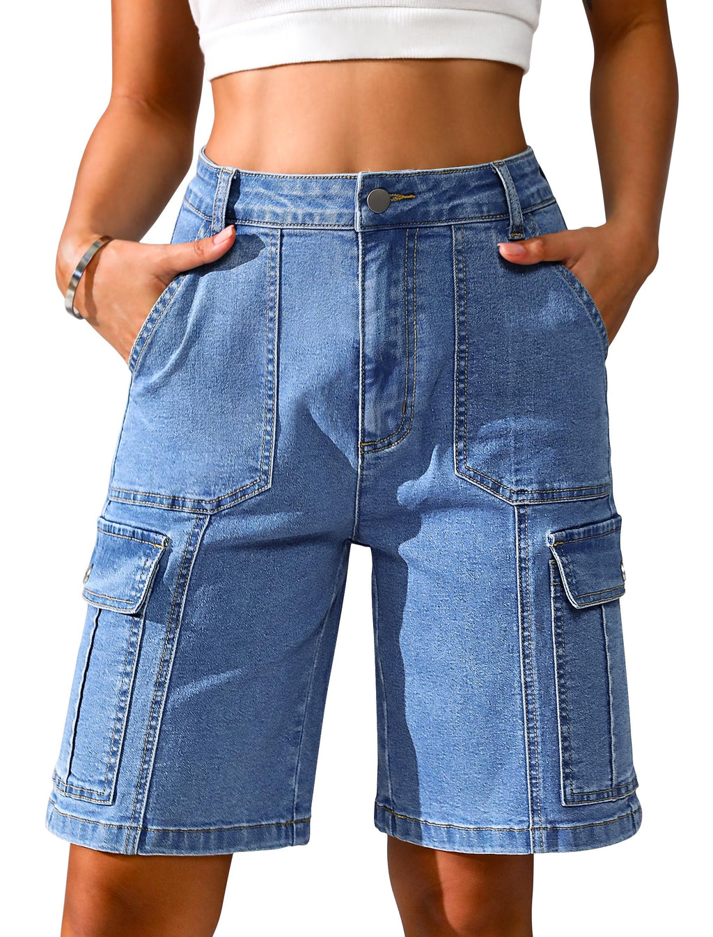 Eddoyee Bermuda Cargo Shorts for Women Casual Long Knee Length High Waisted Stretch Wide Leg Relaxed Fit