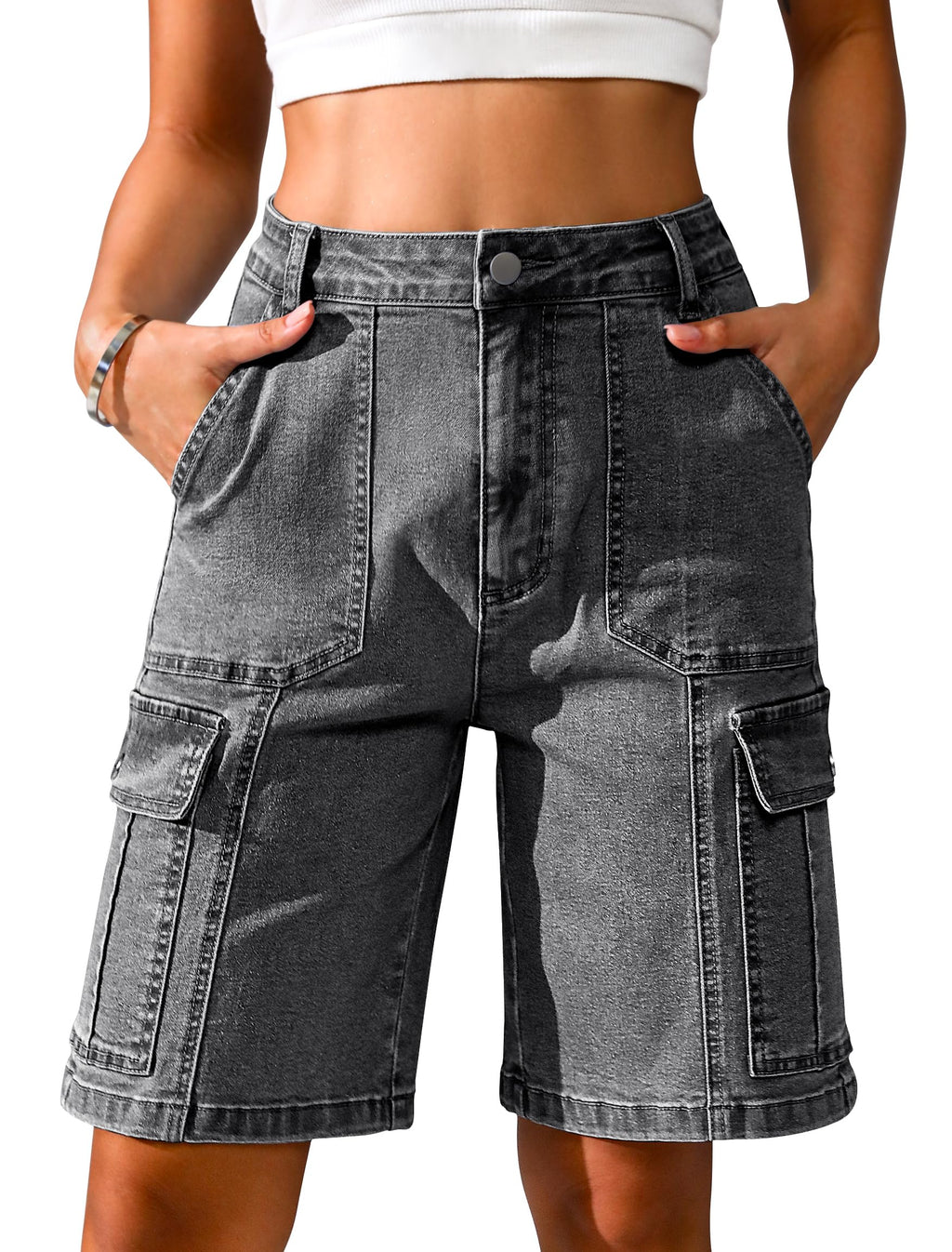 Eddoyee Bermuda Cargo Shorts for Women Casual Long Knee Length High Waisted Stretch Wide Leg Relaxed Fit