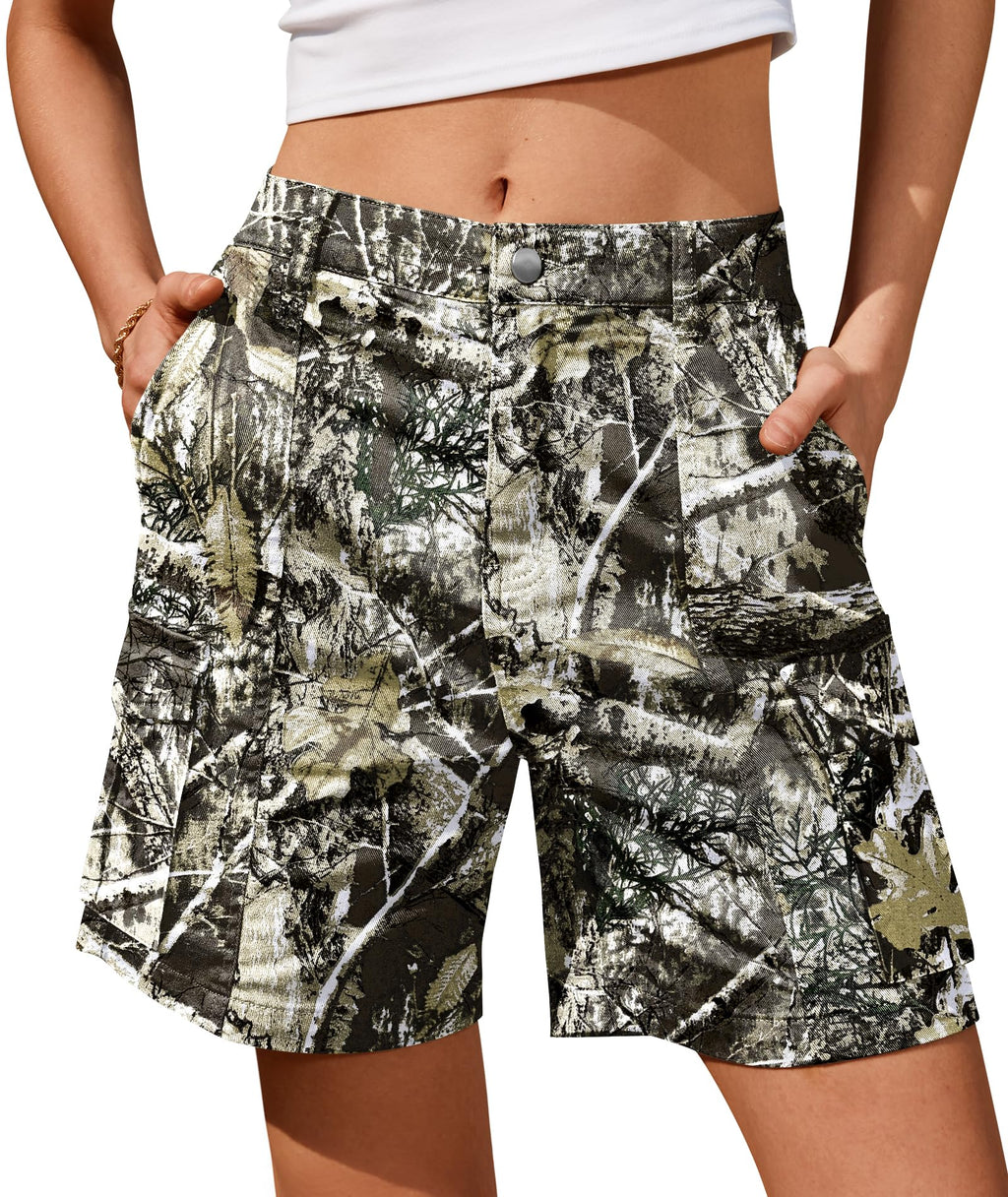 IVIR Bermuda Shorts for Women Cargo Shorts Knee Length 6 Pockets Elastic Waist Long Shorts for Summer Casual