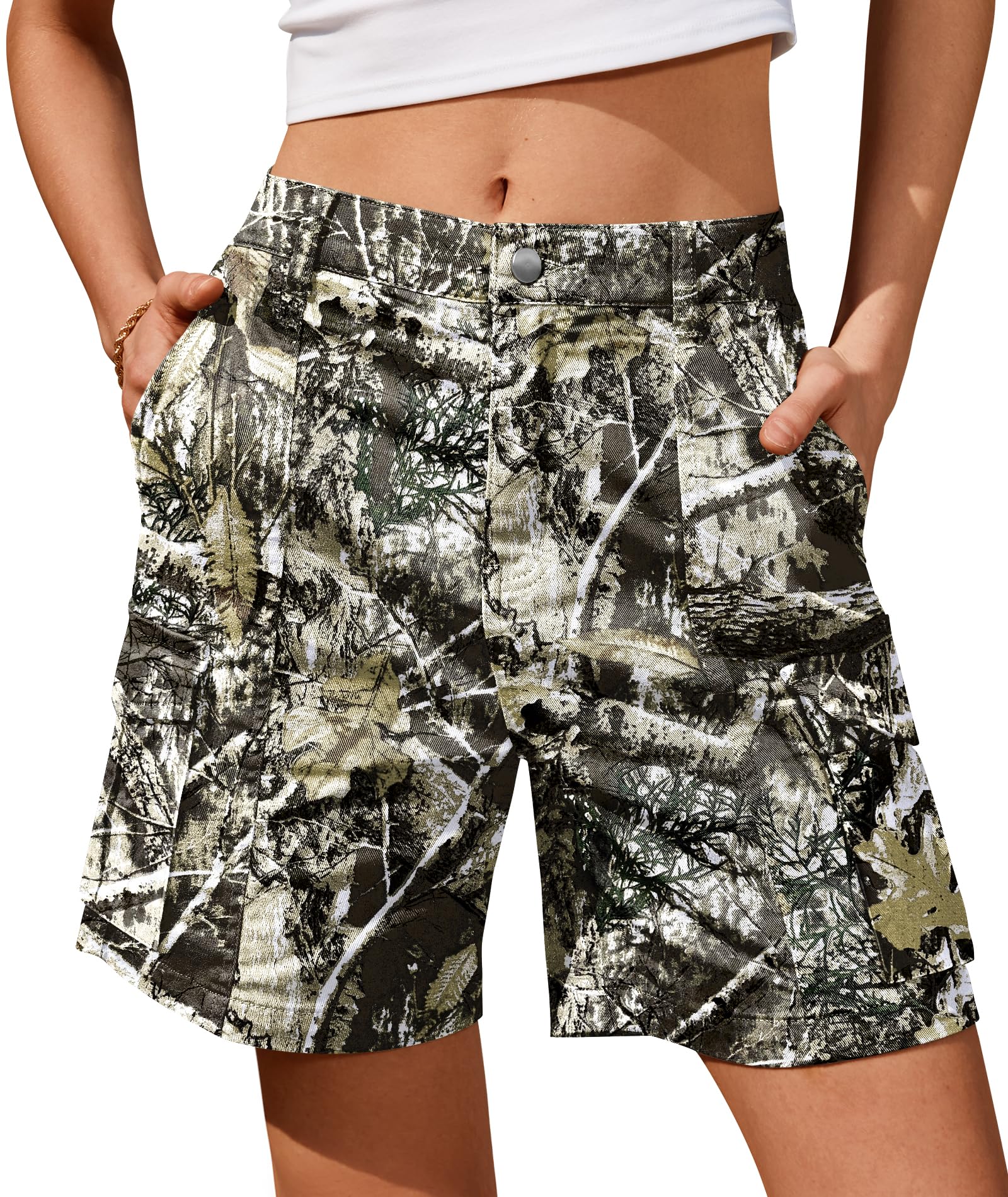 IVIR Bermuda Shorts for Women Cargo Shorts Knee Length 6 Pockets Elastic Waist Long Shorts for Summer Casual