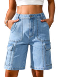 Eddoyee Bermuda Cargo Shorts for Women Casual Long Knee Length High Waisted Stretch Wide Leg Relaxed Fit