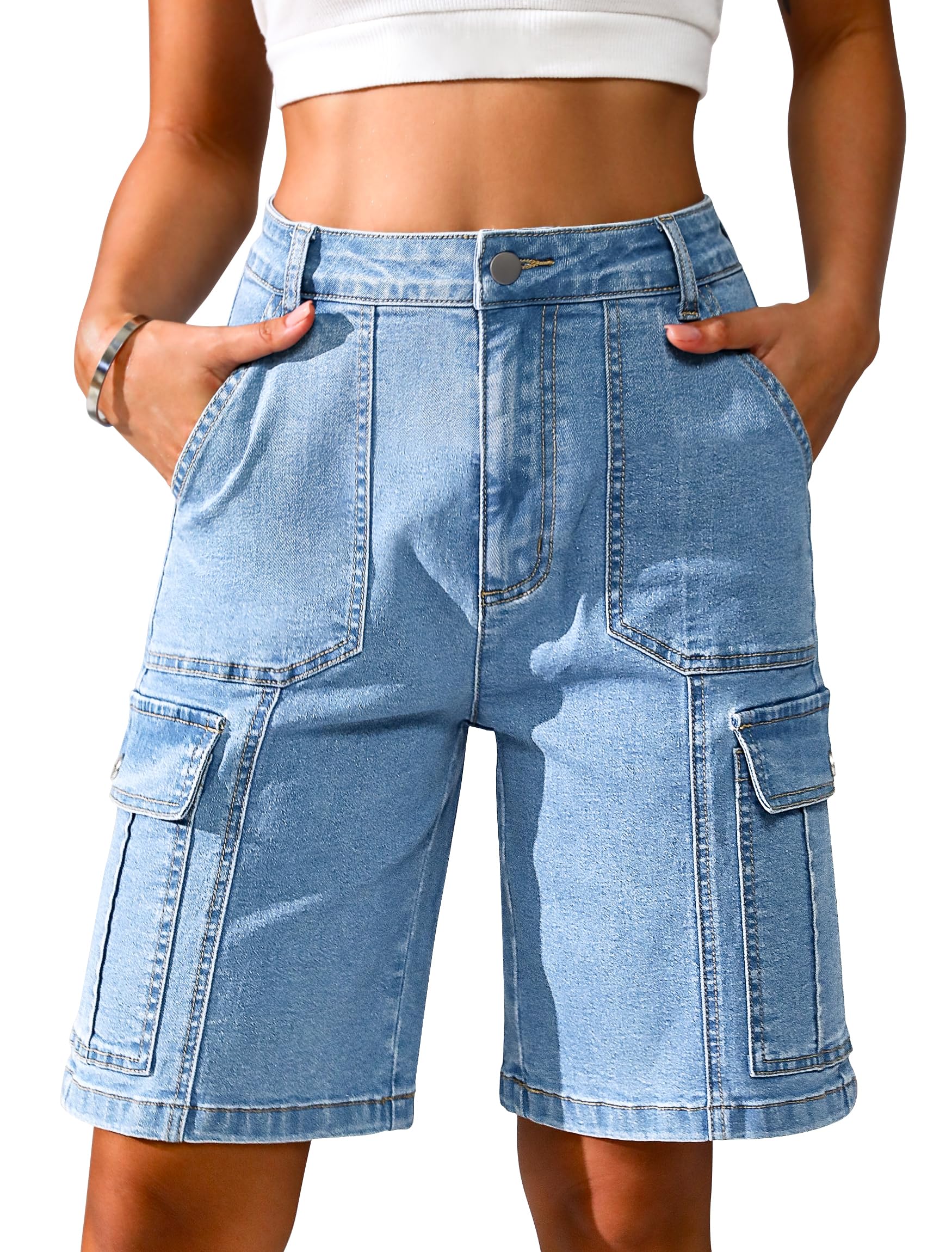 Eddoyee Bermuda Cargo Shorts for Women Casual Long Knee Length High Waisted Stretch Wide Leg Relaxed Fit